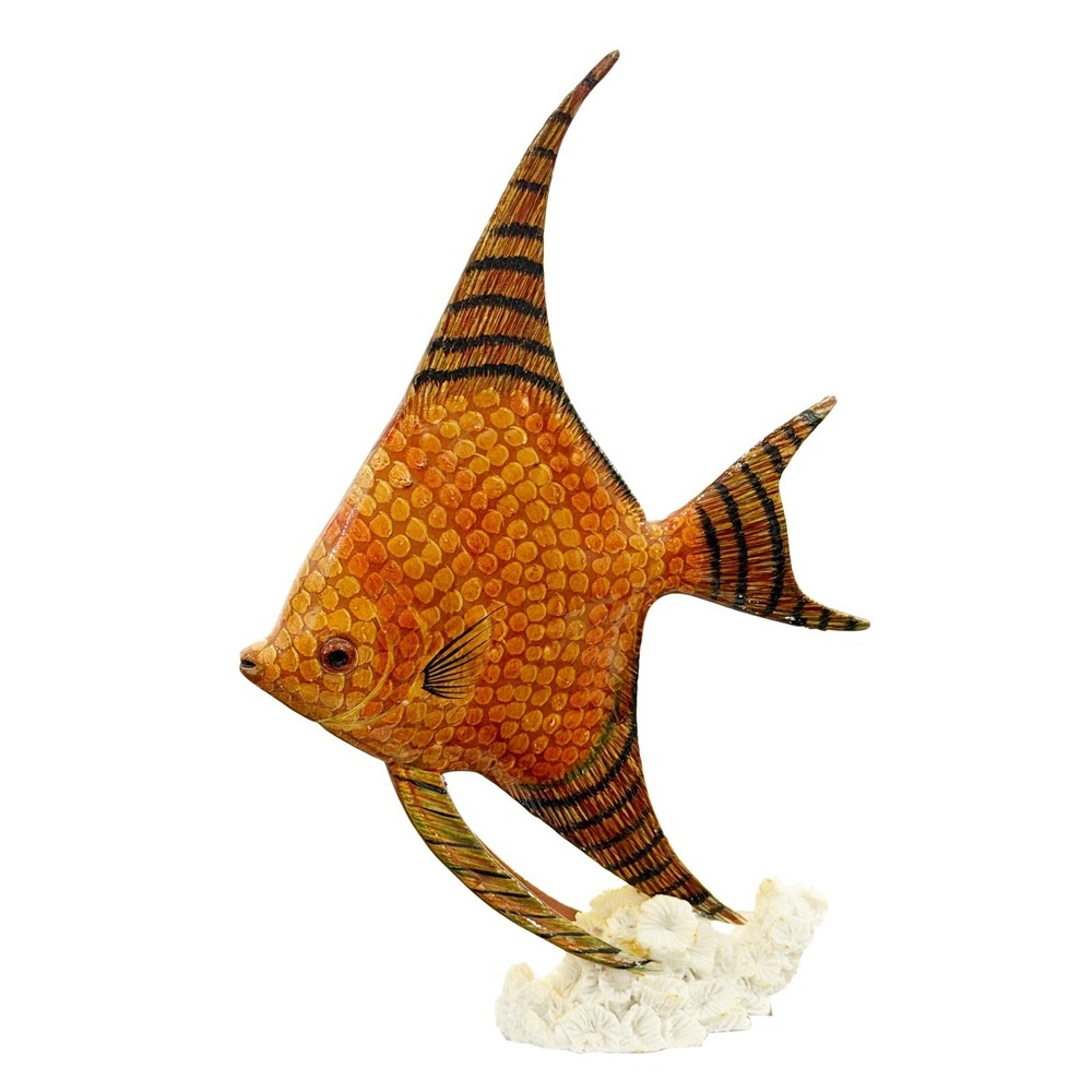 Tropical Angelfish Figurine Coral Base Carved Wood Handcrafted Lifelike 9" Tall